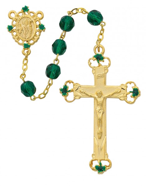 Gold Tone St. Patrick Shamrock Rosary - Green