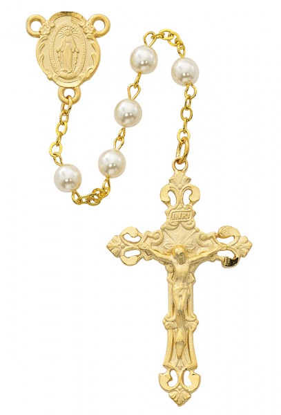 Gold Tone and Pearlized Bead Rosary - Pearl White