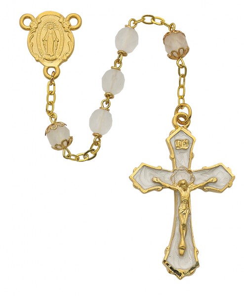 Gold Tone and White Enamel Women's Rosary - White