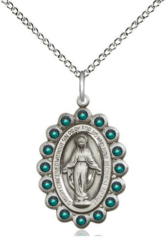 Green Crystal Stone Border Miraculous Medal Necklace - Sterling Silver