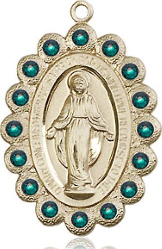 Green Crystal Stone Border Miraculous Medal Necklace - 14K Solid Gold