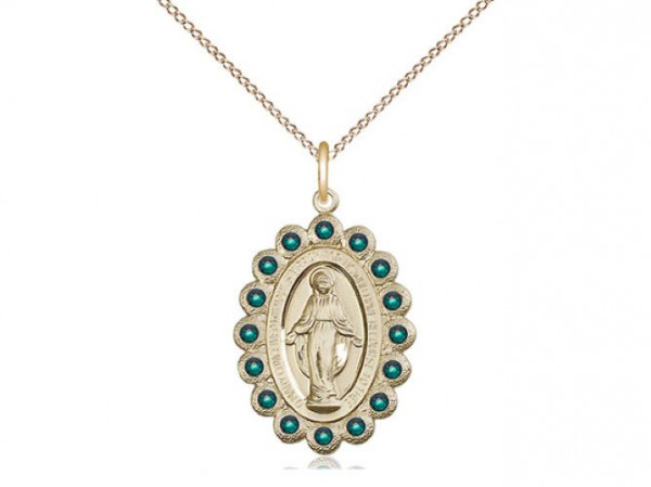 Green Crystal Stone Border Miraculous Medal Necklace - 14KT Gold Filled