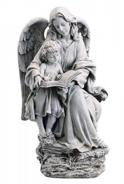 Guardian Angel with Child and Book Garden Statue 19&quot; High - Stone Finish