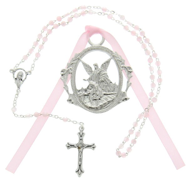 Guardian Angel Crib Medal with Baby Rosary Set - Girl - Silver