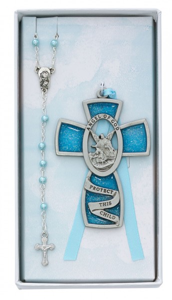 Guardian Angel Cross with Baby Rosary Set - Boy - Silver