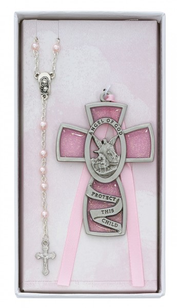 Guardian Angel Cross with Baby Rosary Set - Girl - Silver
