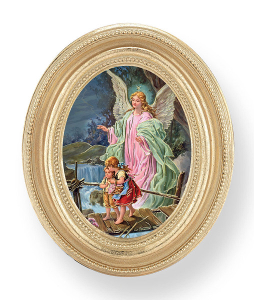 Guardian Angel Small 4.5 Inch Oval Framed Print - Gold
