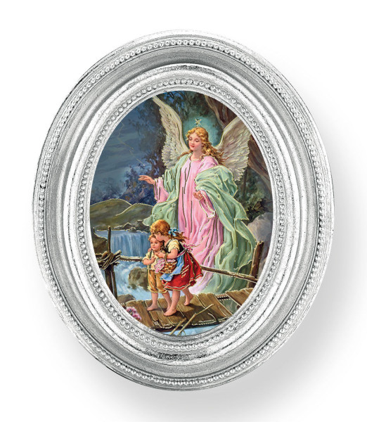 Guardian Angel Small 4.5 Inch Oval Framed Print - Silver