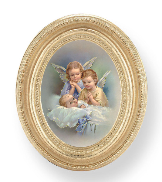 Guardian Angels with Baby Small 4.5 Inch Oval Framed Print - Gold