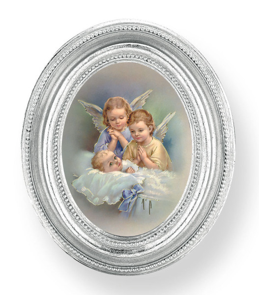 Guardian Angels with Baby Small 4.5 Inch Oval Framed Print - Silver