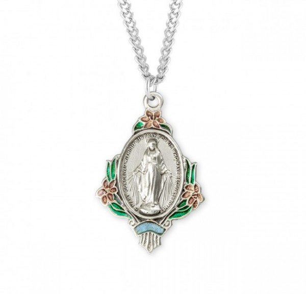 Hand-Painted Enamel Floral Accent Miraculous Medal - Sterling Silver