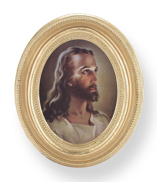 Head of Christ Small 4.5 Inch Oval Framed Print - Gold