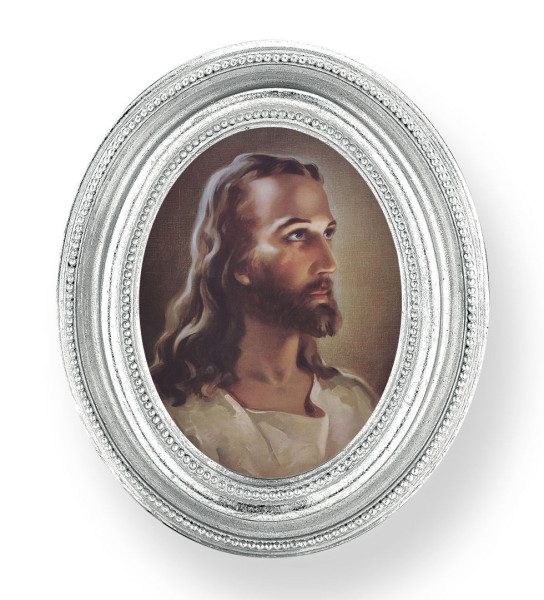 Head of Christ Small 4.5 Inch Oval Framed Print - Silver