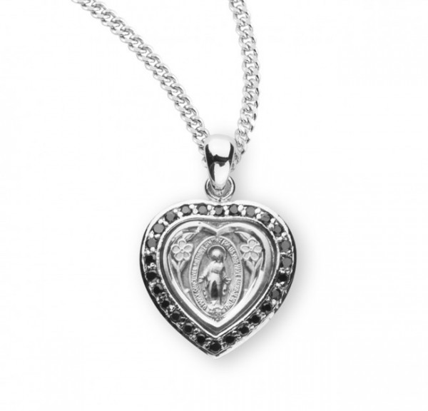 Heart Crystal Cubic Zirconia Miraculous Medal - Black | Silver