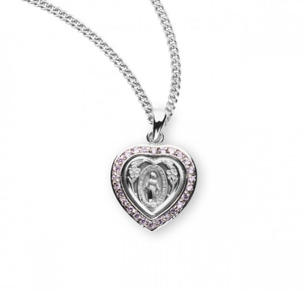 Heart Crystal Cubic Zirconia Miraculous Medal - Pink | Silver