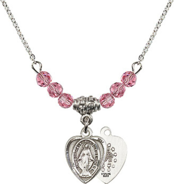 Heart Miraculous Medal with Pink Crystal Bead Necklace - Silver-tone