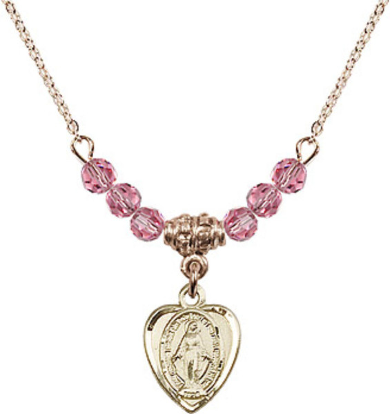 Heart Miraculous Medal with Pink Crystal Bead Necklace - Gold Tone