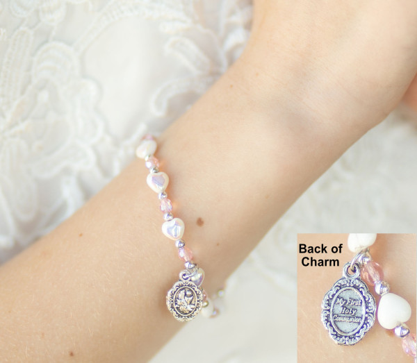 Heart and Pink Glass Bead First Communion Stretch Bracelet - Pink