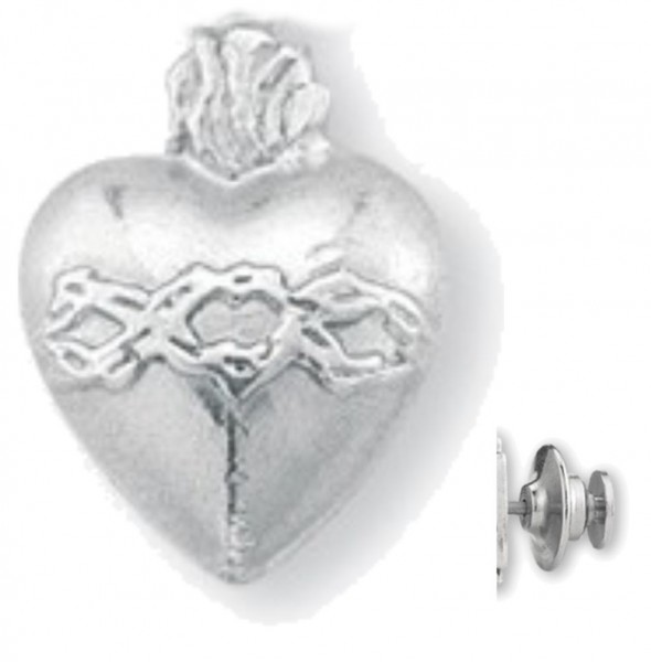 Heart Shaped Sacred Heart with Thorns Lapel Pin Sterling Silver - Sterling Silver