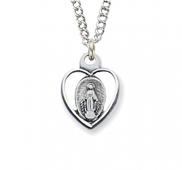 Child Size Open-Cut Heart Sterling Silver Miraculous Medal - Silver