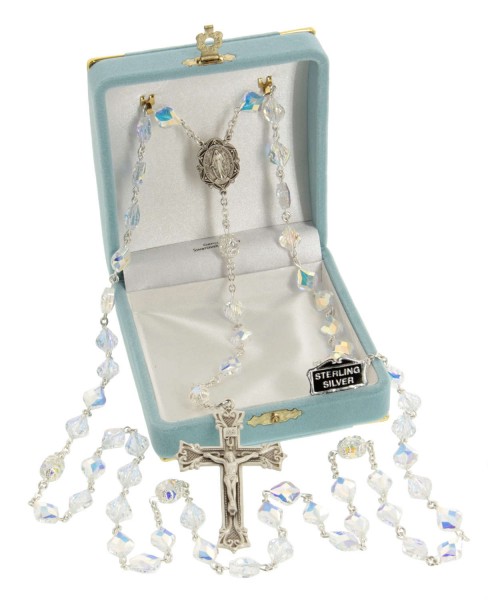 Heirloom Sterling Silver Miraculous Rosary with 10mm Swarovski Crystal Beads - Crystal | Sterling Silver