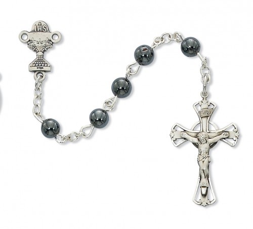 Hematite First Communion Chalice Rosary - Sterling Silver - Gray