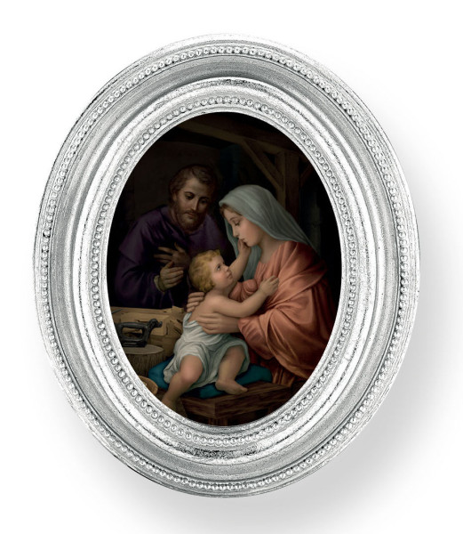 Holy Family Small 4.5 Inch Oval Framed Print - Silver