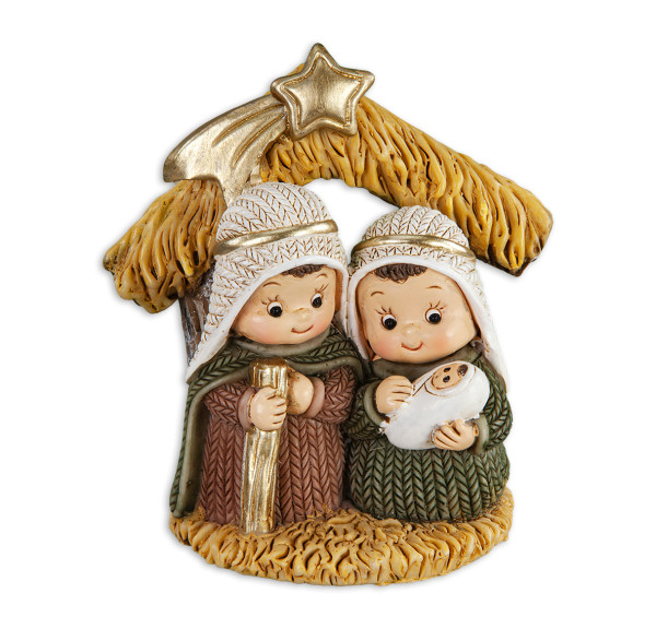 Holy Family Yarn People with Gold Accents Under Star - Multi-Color