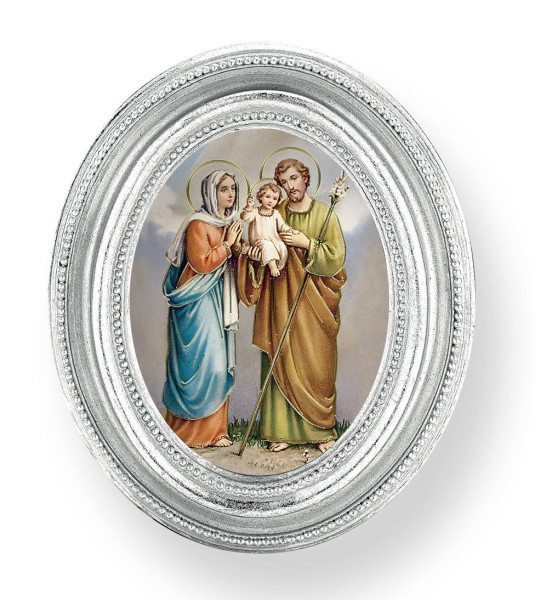 Holy Family w Lilies Small 4.5 Inch Oval Framed Print - Silver