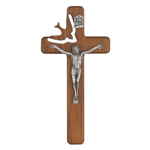 Cut Out Dove Holy Spirit Wood Wall Crucifix - Light Brown