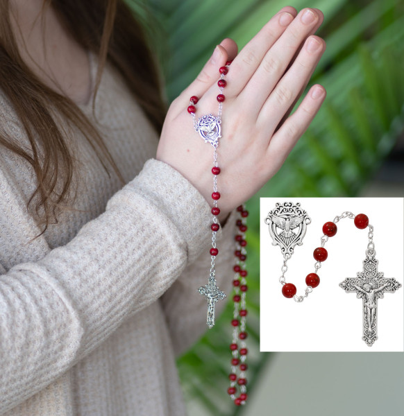 Holy Spirit Rosary with Red Marble Designed Beads - Red
