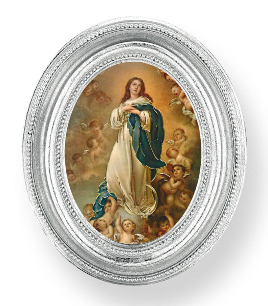 Immaculate Conception Small 4.5 Inch Oval Framed Print - Silver