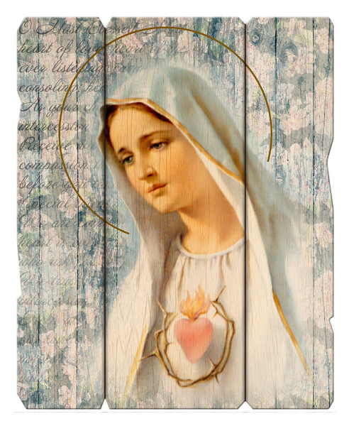 Immaculate Heart of Mary Distressed Wood Wall Plaque - Full Color