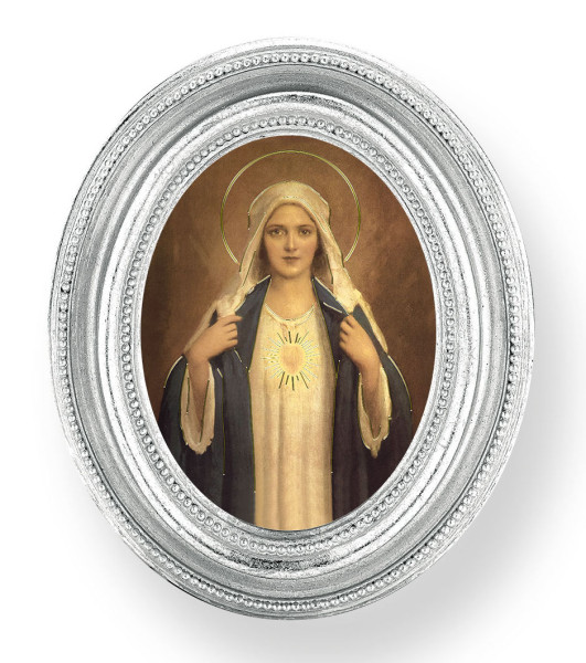 Immaculate Heart of Mary Small 4.5 Inch Oval Framed Print - Silver