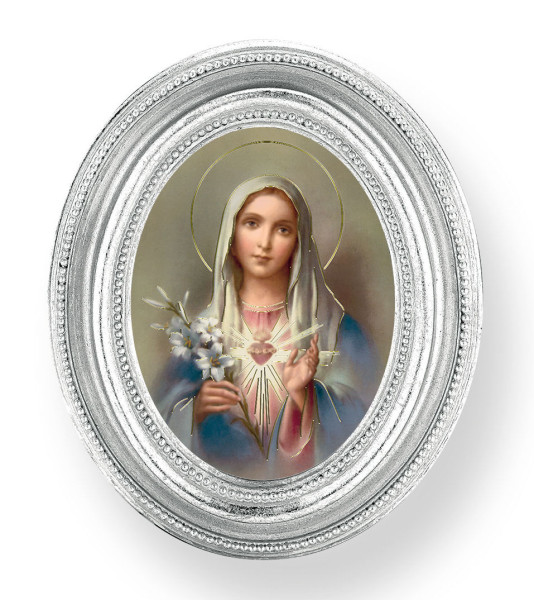Immaculate Heart of Mary Small 4.5 Inch Oval Framed Print - Silver