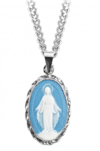 Italian Made Cameo Necklace Miraculous Medal - Blue | Silver