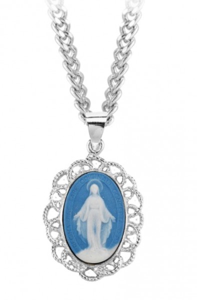 Italian Sterling Silver Miraculous Medal Cameo Necklace - Blue | Silver