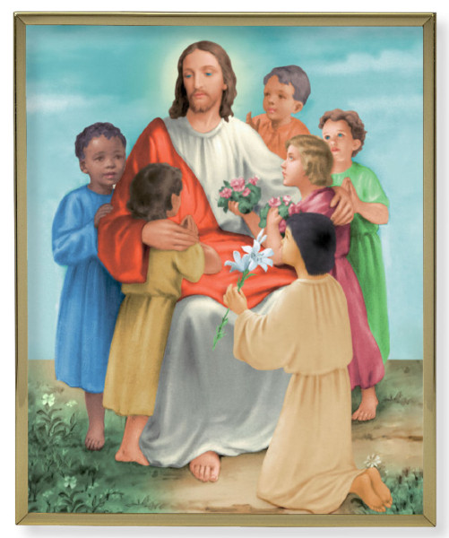 Jesus with Children Gold Frame 8x10 Plaque - Full Color