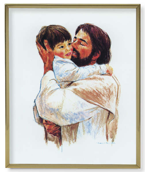 Jesus Hugging Child Gold Frame 11x14 Plaque - Full Color