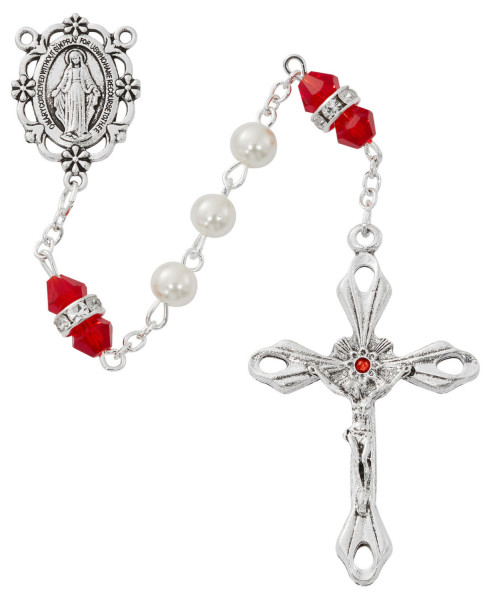 July Birthstone Rosary Ruby Pearl Glass - Ruby Red