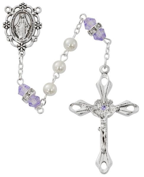 June Birthstone Rosary Amethyst Pearl Glass - Amethyst