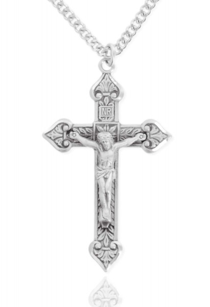 Large Men's Sterling Silver Crucifix Pendant with Crown Tips - Sterling Silver