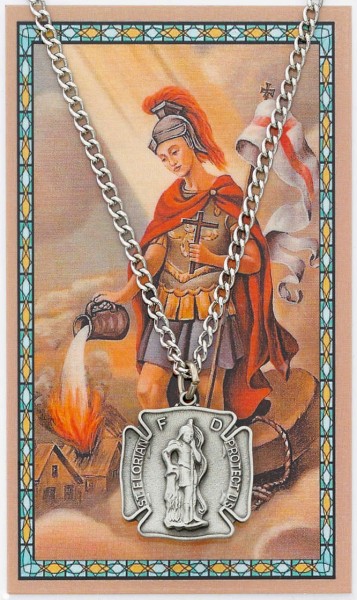 Large St. Florian Pewter Medal with Prayer Card - Silver tone