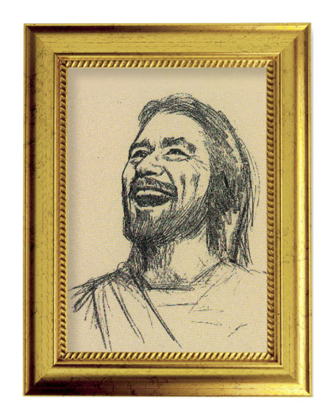 Laughing Jesus Sketch by Segura 5x7 Print in Gold-Leaf Frame - Full Color