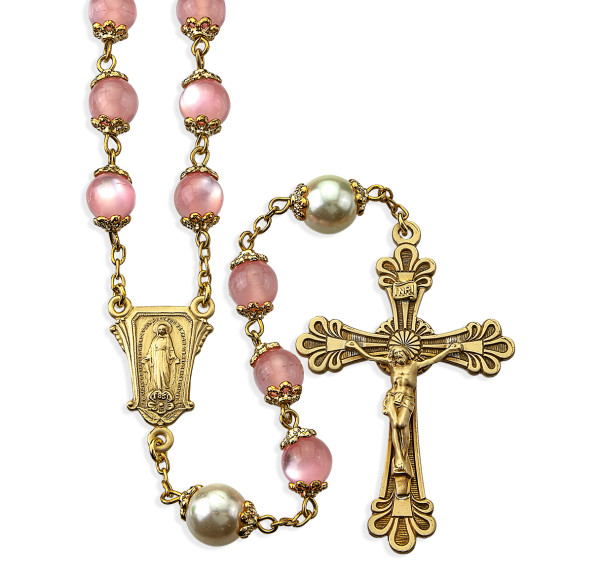 Light Rose Cats Eye Glass Double Capped Beads with Solid Brass Crucifix and Center - Pink