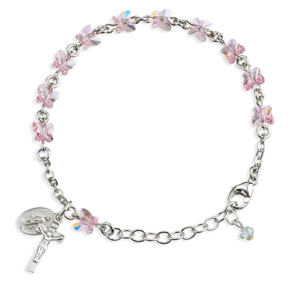 Light Rose Finest Austrian Crystal Butterfly Beads Rosary Bracelet - Rose