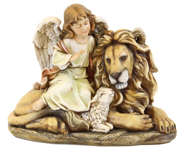 Lion and Lamb and Angel Statue 11.5 - Multi-Color