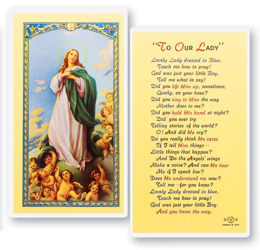Lovely Lady Dressed In Blue Laminated Prayer Card - 1 Prayer Card .99 each