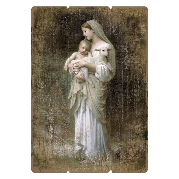 Madonna with Baby Lamb Large Wood Wall Plaque - Full Color