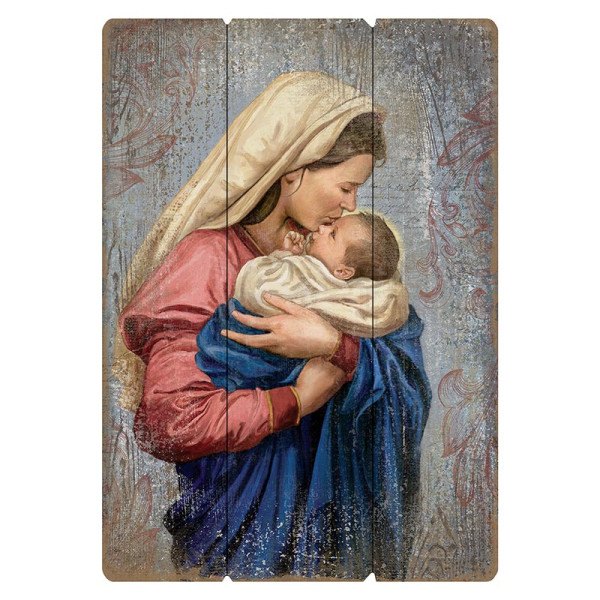 Madonna and Child Large Wooden Wall Plaque - Full Color
